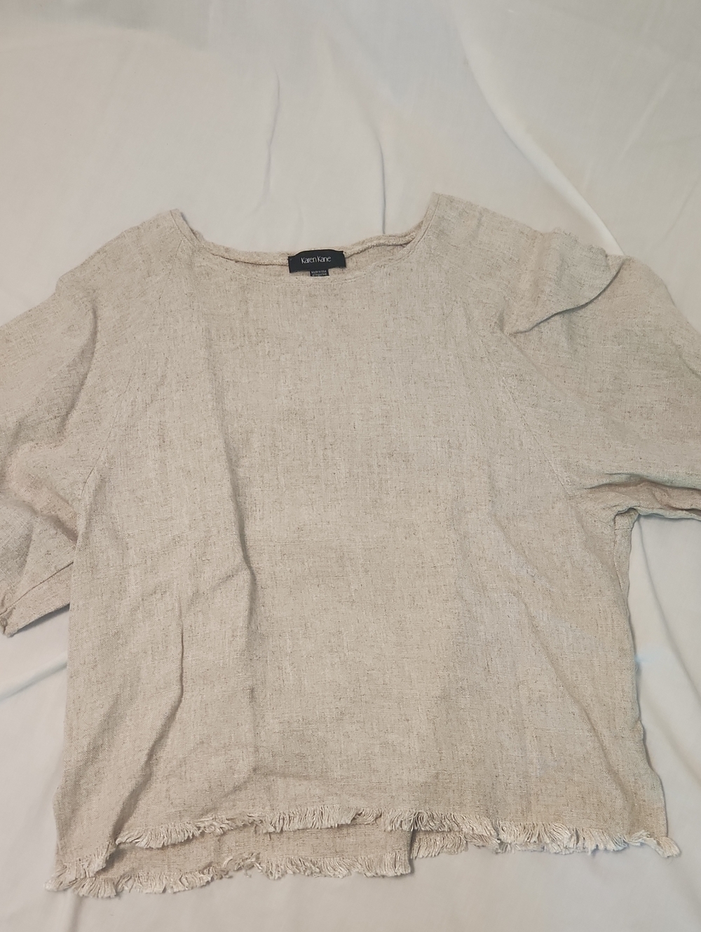 Karen Kane Natural Beige Linen-Blend Fringe-Hem Tunic